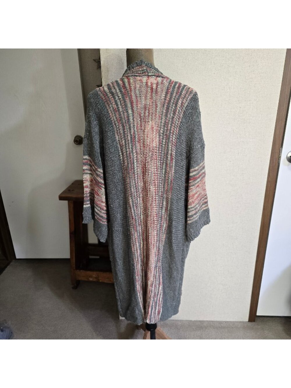 NEW Easel M/L Long Open Front Cardigan Gray Multi Striped Boho Bell Sleeves